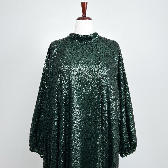 H&M Green Sequin Long Sleeve A-Line Mock Neck Mini Dress NWT - Picture 6 of 11